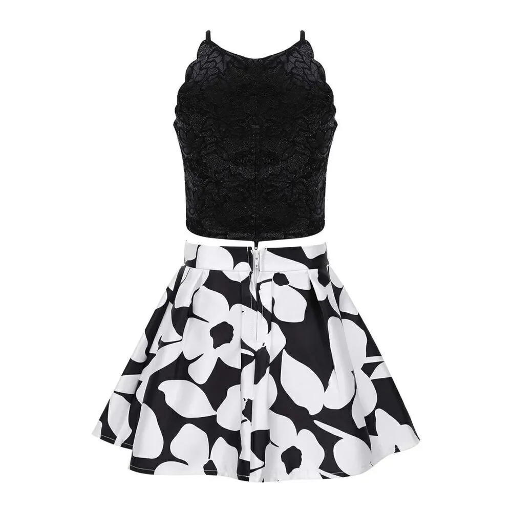 BCX Masy’s Girls 2-Pc Scalloped Top & Floral-Print Skirt Set Sz 14 Black White